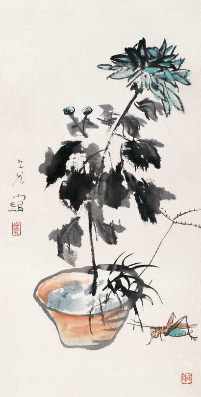 谢之光 菊花秋虫图 镜心